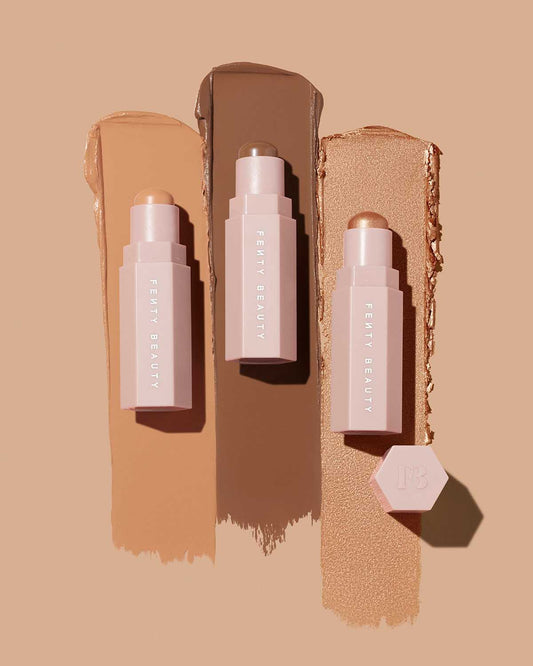 Editorial image of open Match Stix Corrector, Contour, and Shimmer against swatch backgrounds.