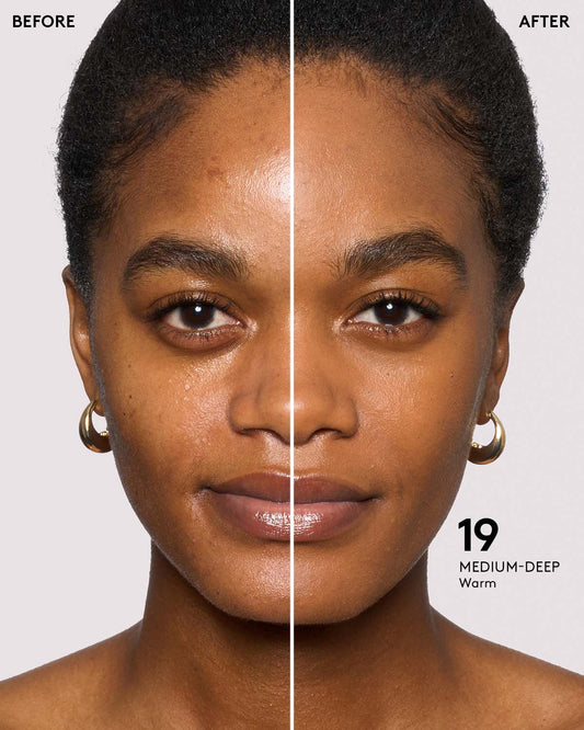 before and after of medium-deep skin toned model in eaze drop stick