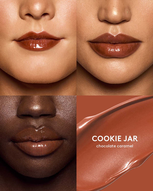 three different skin toned models wearing gloss bomb color drip lip cream in shade cookie jar