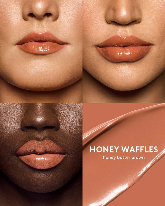 three different skin toned models wearing gloss bomb color drip lip cream in shade honey waffles