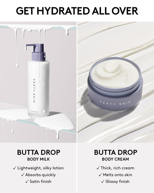 Comparison infographic of butta drop body milk and body cream. Get hydrated all over. Butta Drop Body Milk is lightweight, silky lotion, absorbs quickly, and has a satin finish. Butta Drop Body Cream is a thick, rich cream, melts onto skin, and has a glossy finish.