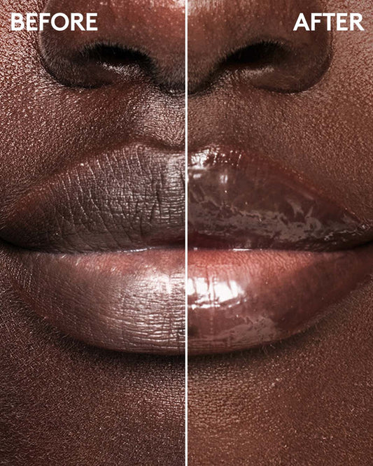 Before and after of model's lips with Fenty Skin Plush Puddin' Lip Mask.