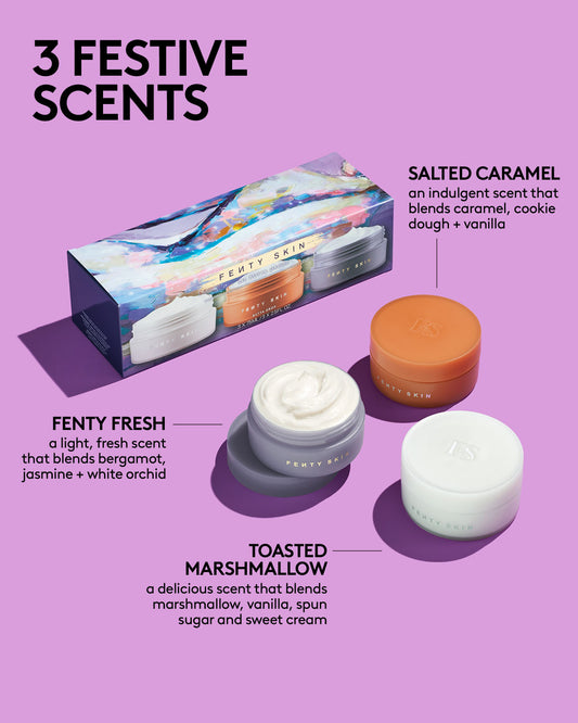 3 festive scents: salted caramel (an indulgent scent that blends caramel, cookie dough + vanilla), fenty fresh (a light, fresh scent that blends bergamot, jasmine + white orchid), and toasted marshmallow (a delicious scent that blends marshmallow, vanilla, spen sugar, and sweet cream).