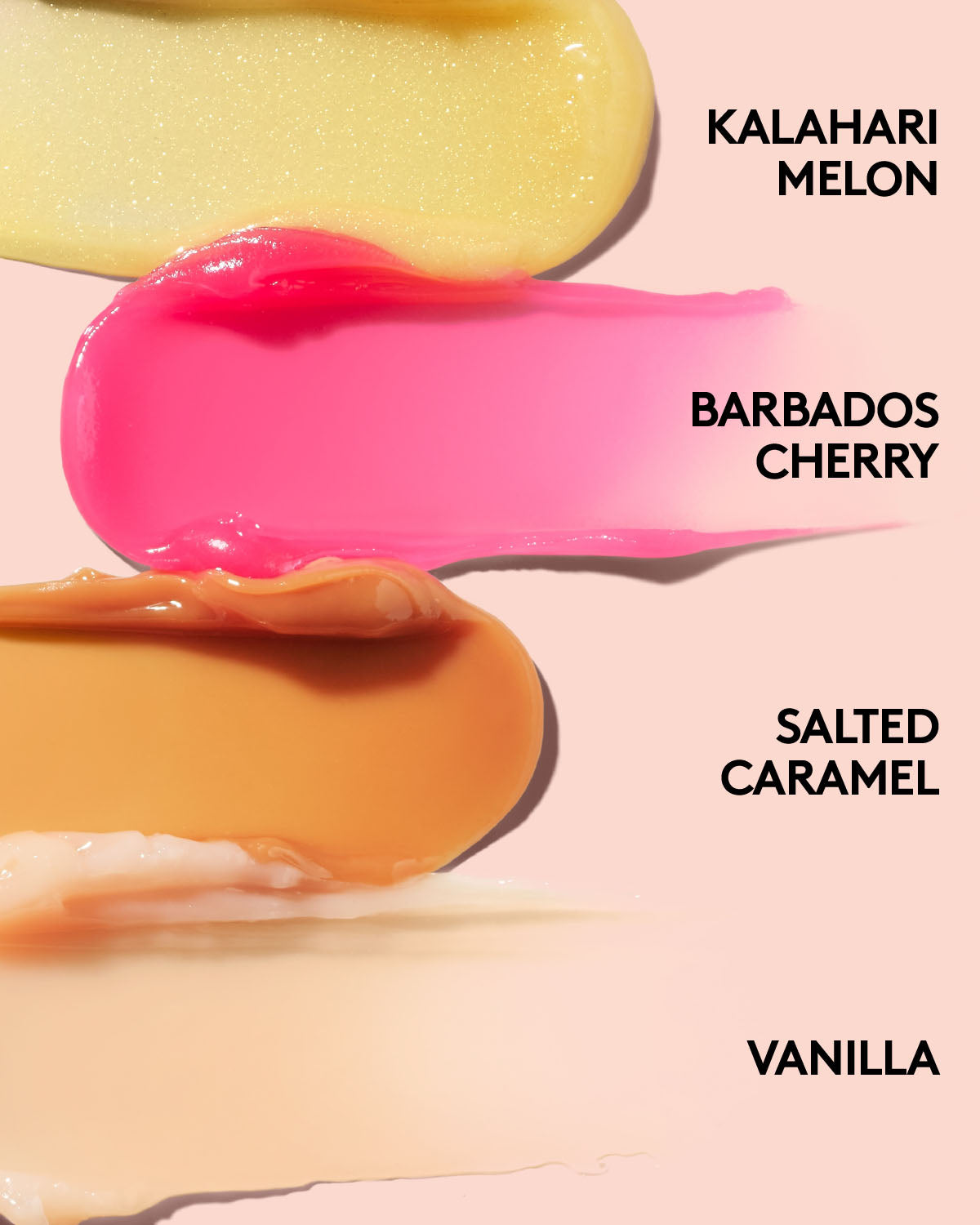 Color swatches labeled 'Kalahari Melon', 'Barbados Cherry', 'Salted Caramel', and 'Vanilla' on a pink background.