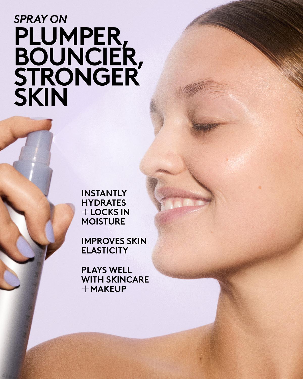 Advertisement for a skin care spray with a woman holding the spray and text about its benefits.