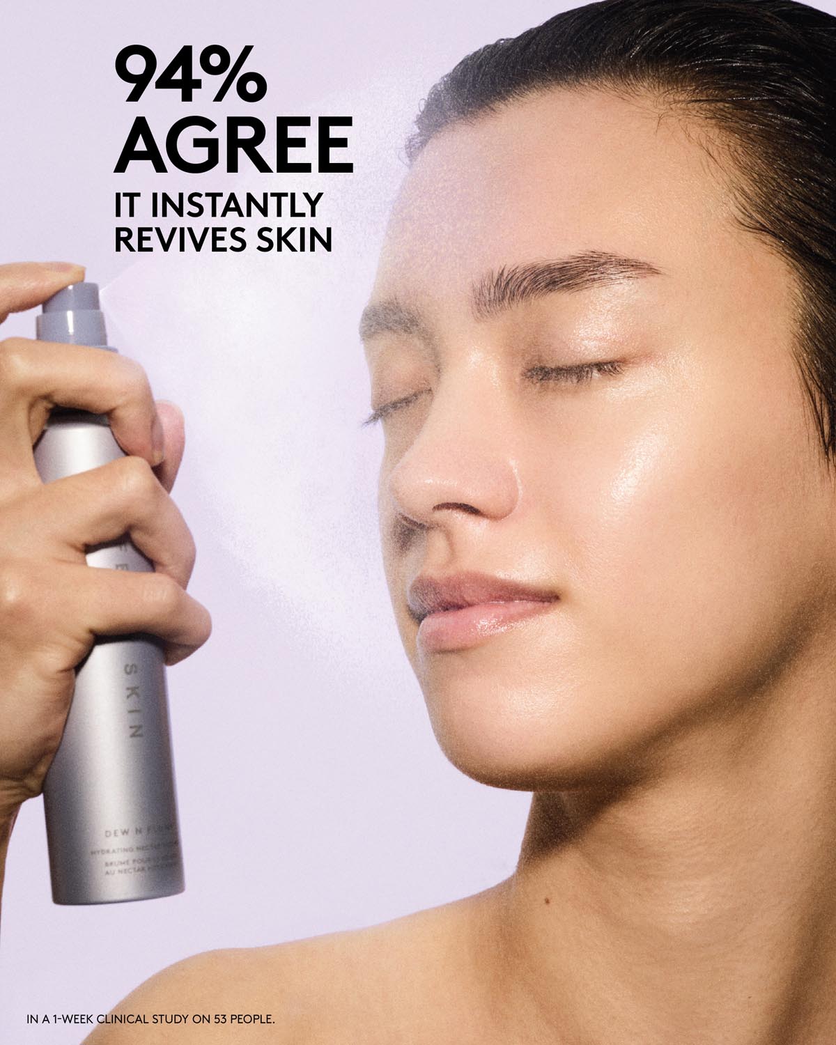 Person holding a skincare product with text claiming it instantly revives skin.