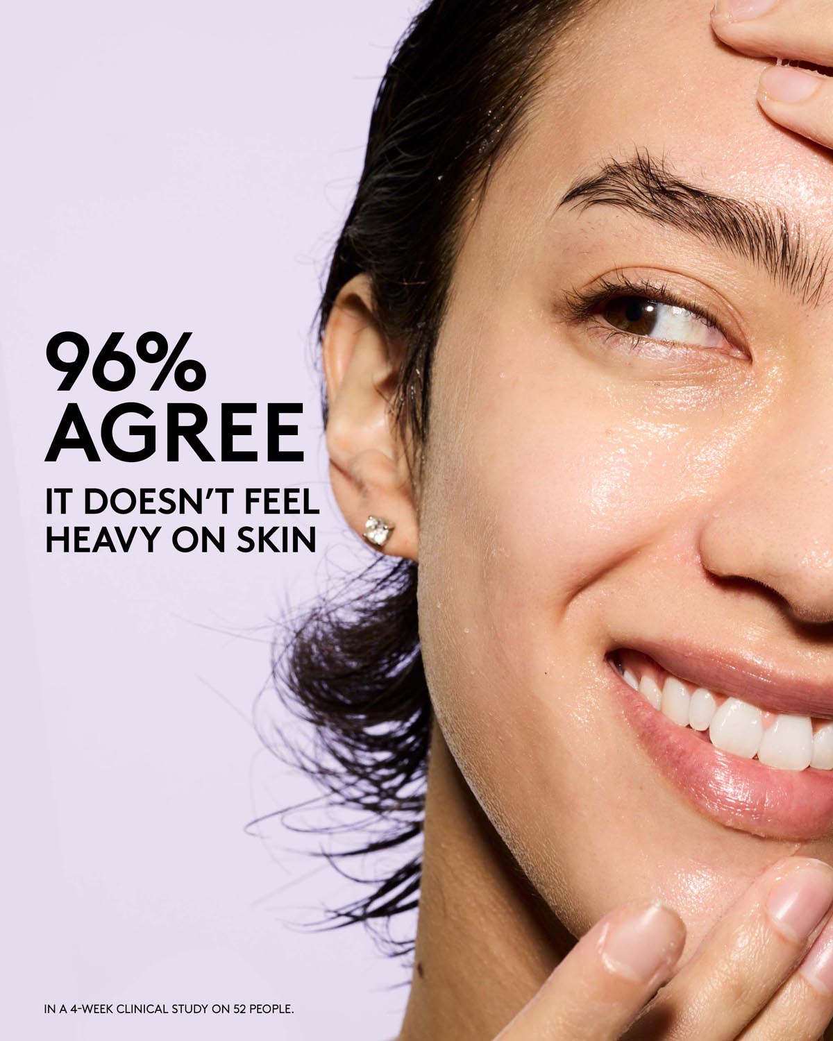 Person with hydrated skin and text indicating product effectiveness on skin