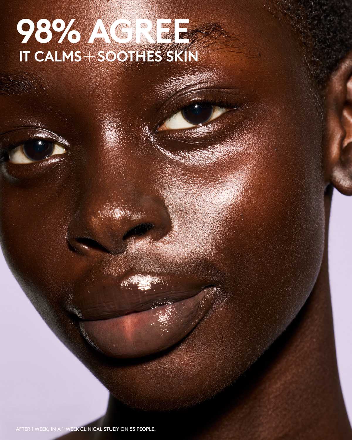 Close-up of a person's face with text indicating skin calming and soothing effects.
