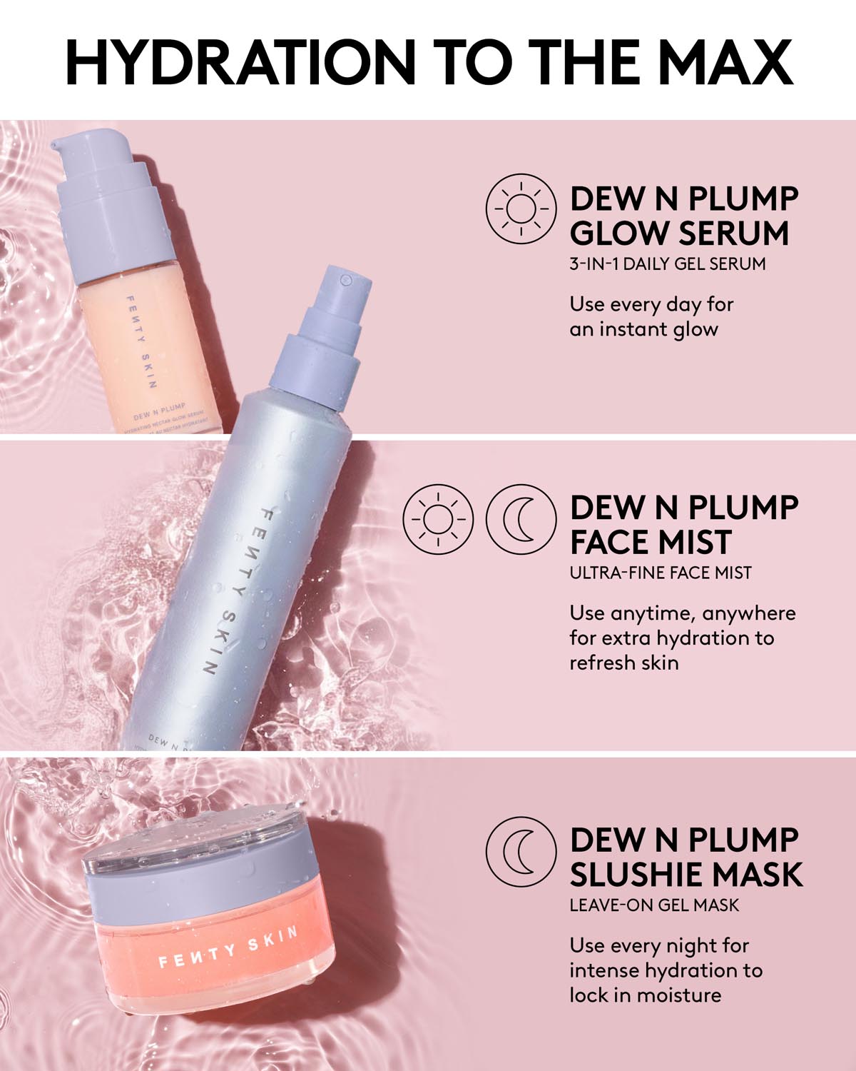 Fenty Skin skincare products with text on a pink background