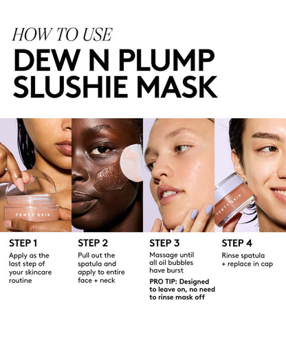 Instructions on how to use Dew N Plump Slushie Mask with step-by-step guide and product application.