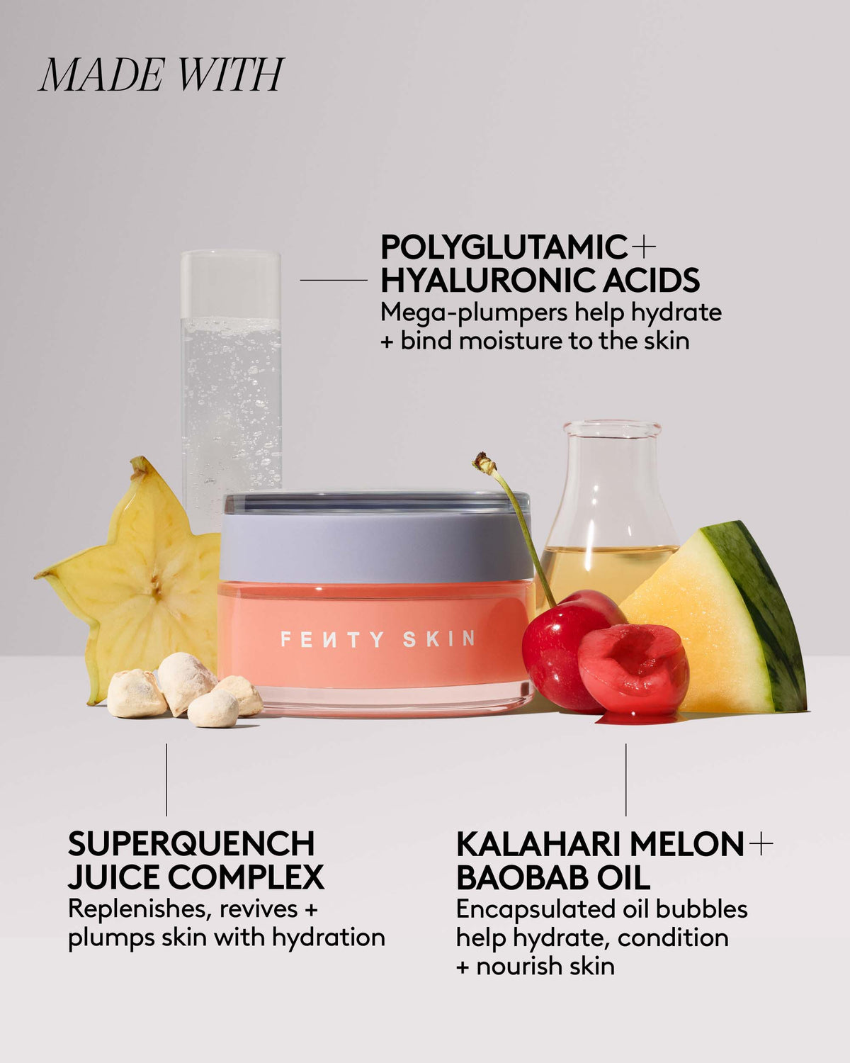 Fenty Skin product with ingredients displayed on a light gray background