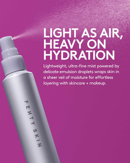 Fenty Skin spray bottle with text on a purple background