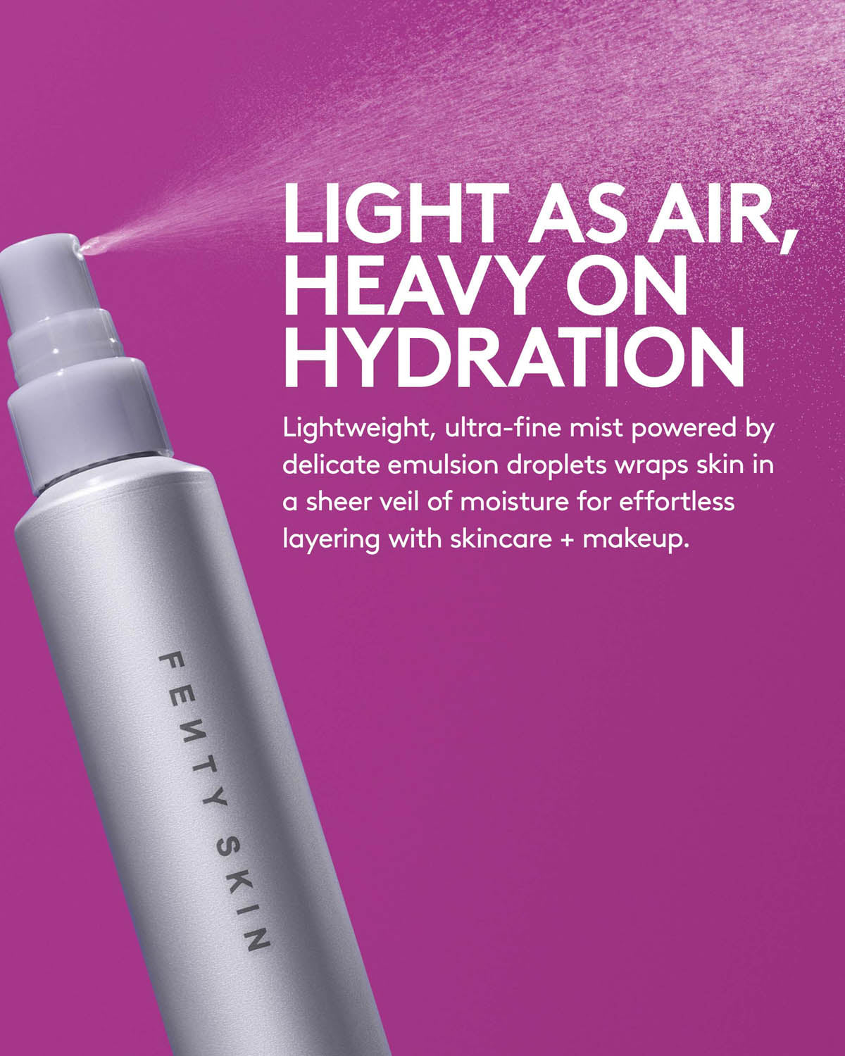 Fenty Skin spray bottle with text on a purple background