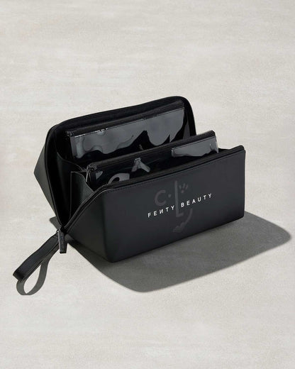 One open black rectangular bag with fenty branding, showing two triangular clear bags nestled inside it.