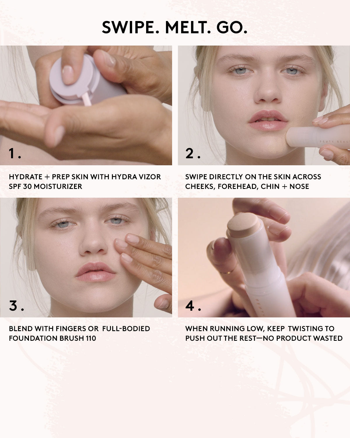 how to infographic showcasing the swip. melt. go routine for Eaze Drop Stick