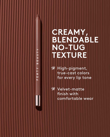 Fenty Beauty Traced Out Lip Pencil Liner has a creamy, blendable no-tug texture, high-pigment, true-cast colors for every lip tone, and a velvet-matte finish with comfortable wear.