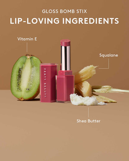 Infographic of Gloss Bomb Stix Lip-Loving Ingredients with Gloss Bomb in shade Riri surrounded by a Kiwi (Vitamin E), Squalene, and Shea Butter.