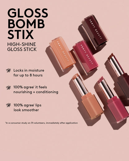 Infographic with open shot of 3 Gloss Bomb Stix products on the right and text on the left reading: Gloss Bomb Stix High-Shine Gloss Stick locks in moisture for up to 8 hours, 100% agree (in a comsumer study on 31 volunteers, immediately after application) it feels nourishing + conditioning, 100% agree (in a consumer study on 31 volunteers, immediately after application) lips look smoother.