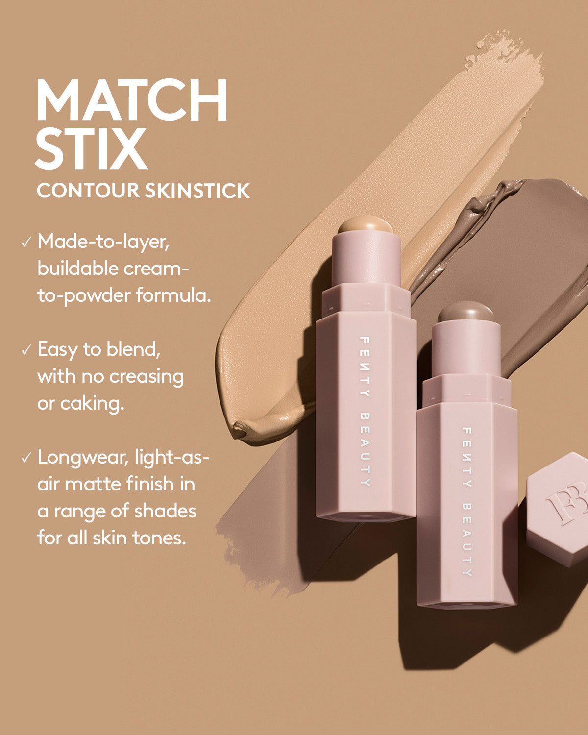 Infographic with text on the left and image of Match Stix Contour on the right. Text reads: Lightweight, cream-to-powder formula, Easy to build + blend, No creasing or caking, Shades for all skin tones.