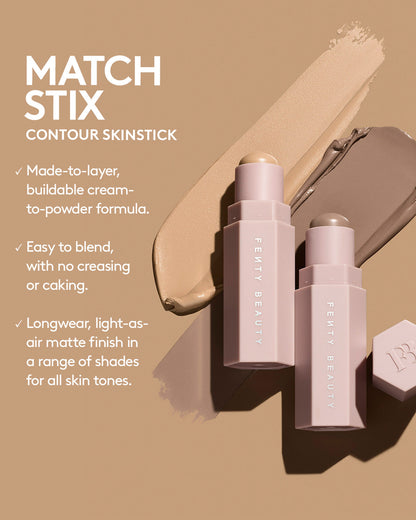 Infographic with text on the left and image of Match Stix Contour on the right. Text reads: Lightweight, cream-to-powder formula, Easy to build + blend, No creasing or caking, Shades for all skin tones.