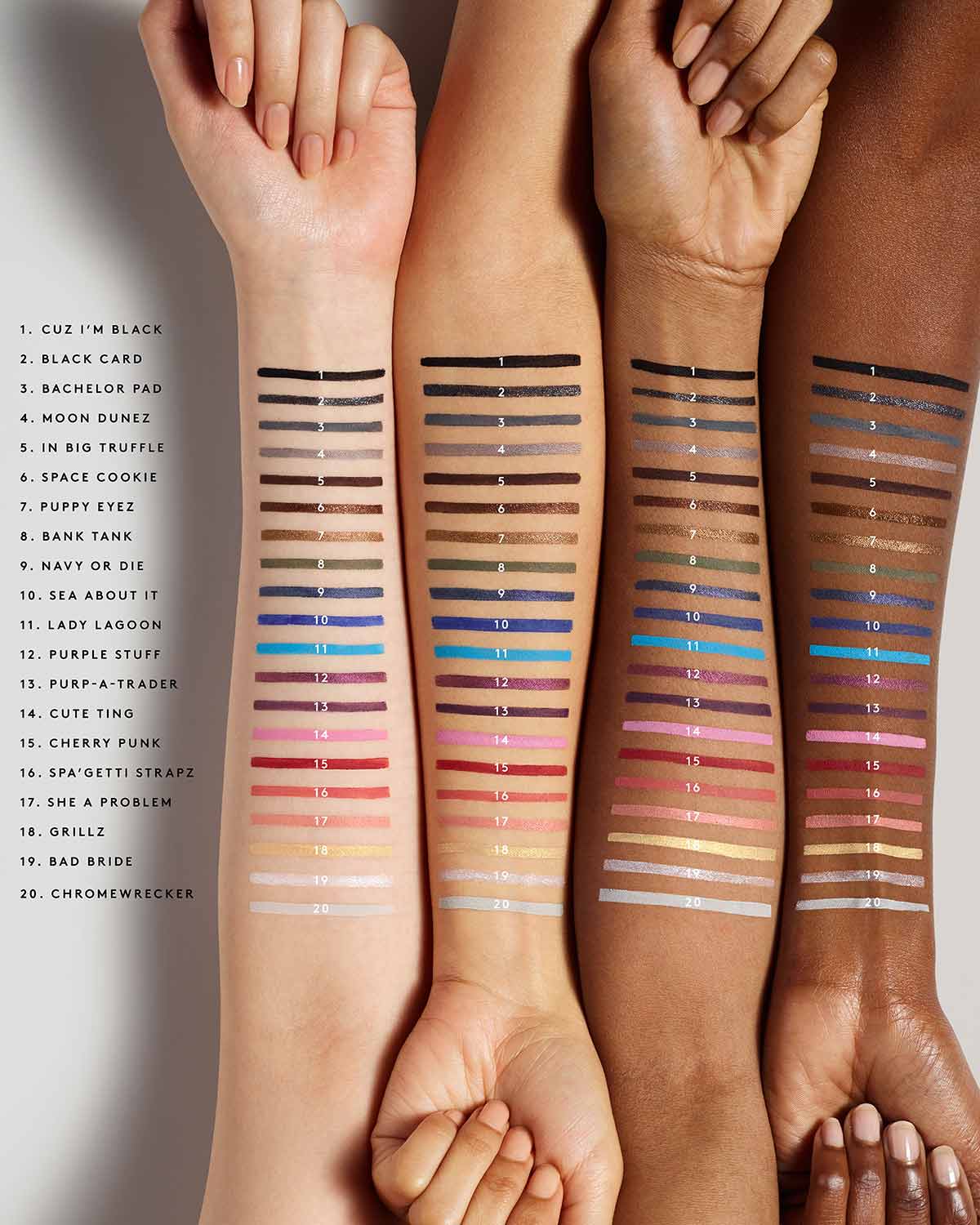 Flypencil Longwear Pencil Eyeliner shown in all 20 shades on a variety of skin tones arms
