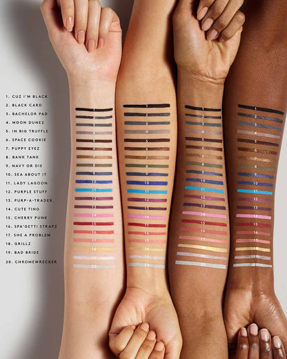 Flypencil Longwear Pencil Eyeliner shown in all 20 shades on a variety of skin tones arms