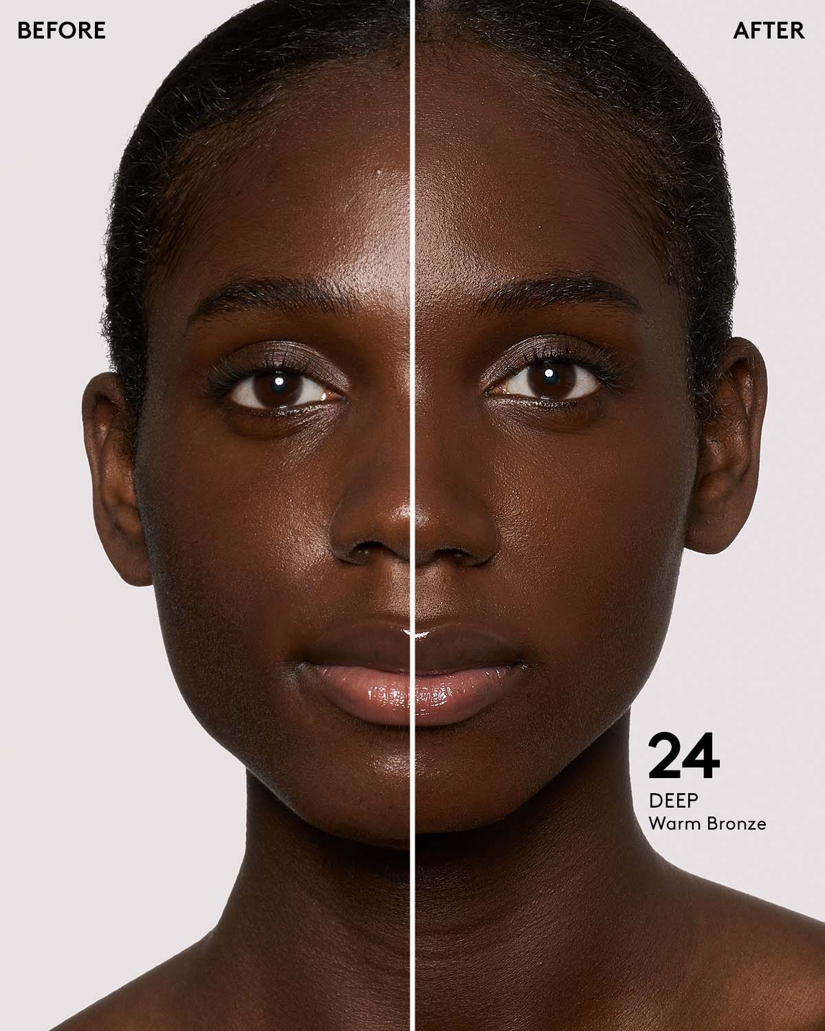 before and after of deep skin toned model in eaze drop stick