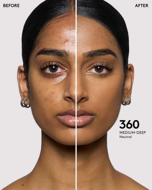 before and after photos of model wearing Fenty Beauty Pro Filt'r Instant Retouch Concealer in medium-deep shade