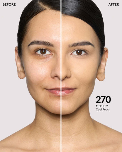 before and after of medium skin toned model in pro filt'r concealer