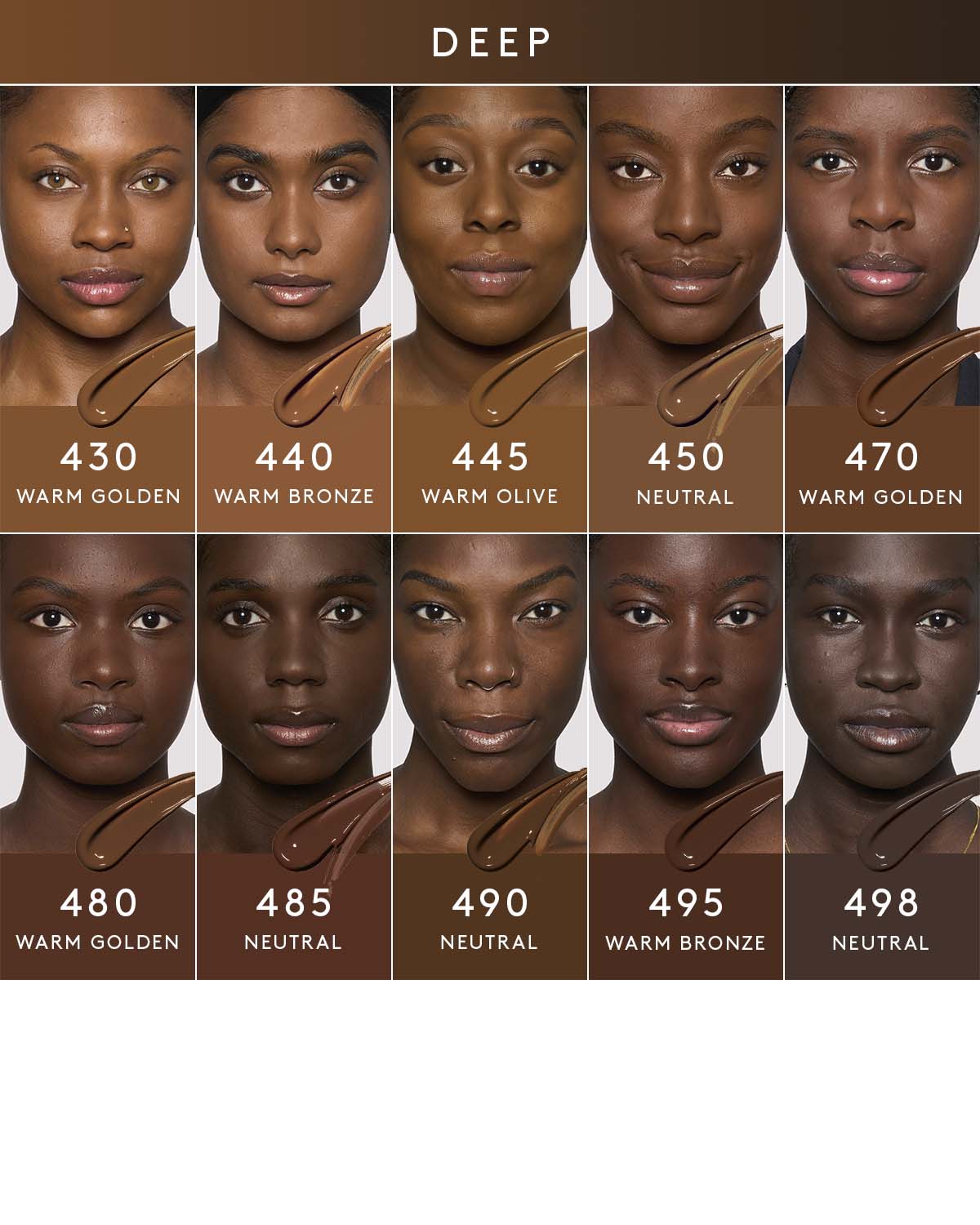deep shade infographic showing 8 different shades of foundation on deep skin tones