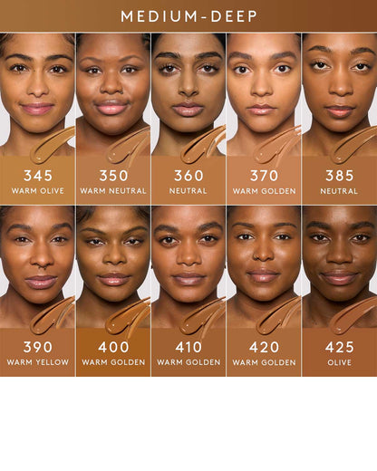 medium-deep shade infographic showing 8 different shades of foundation on medium-deep skin tones