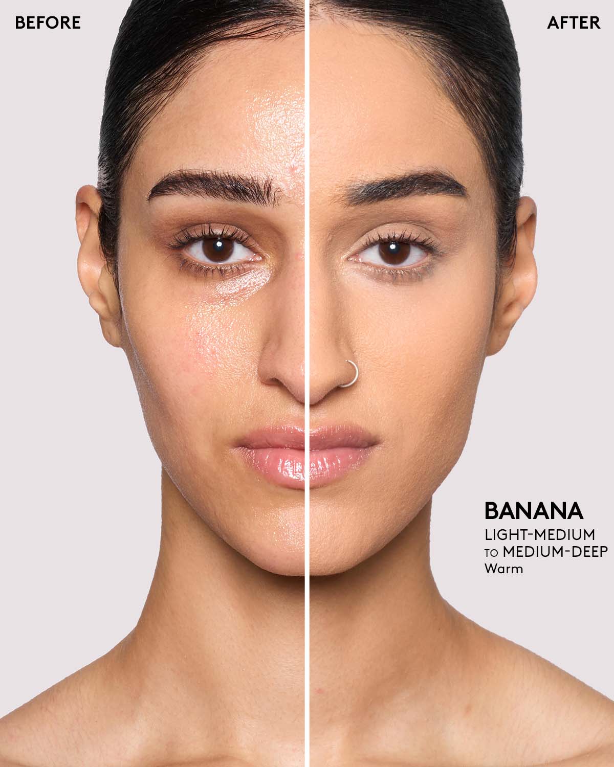 before and after of medium skin toned model wearing banana pro filt'r setting powder
