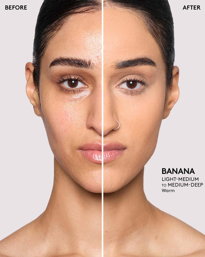 before and after of medium skin toned model wearing banana pro filt'r setting powder