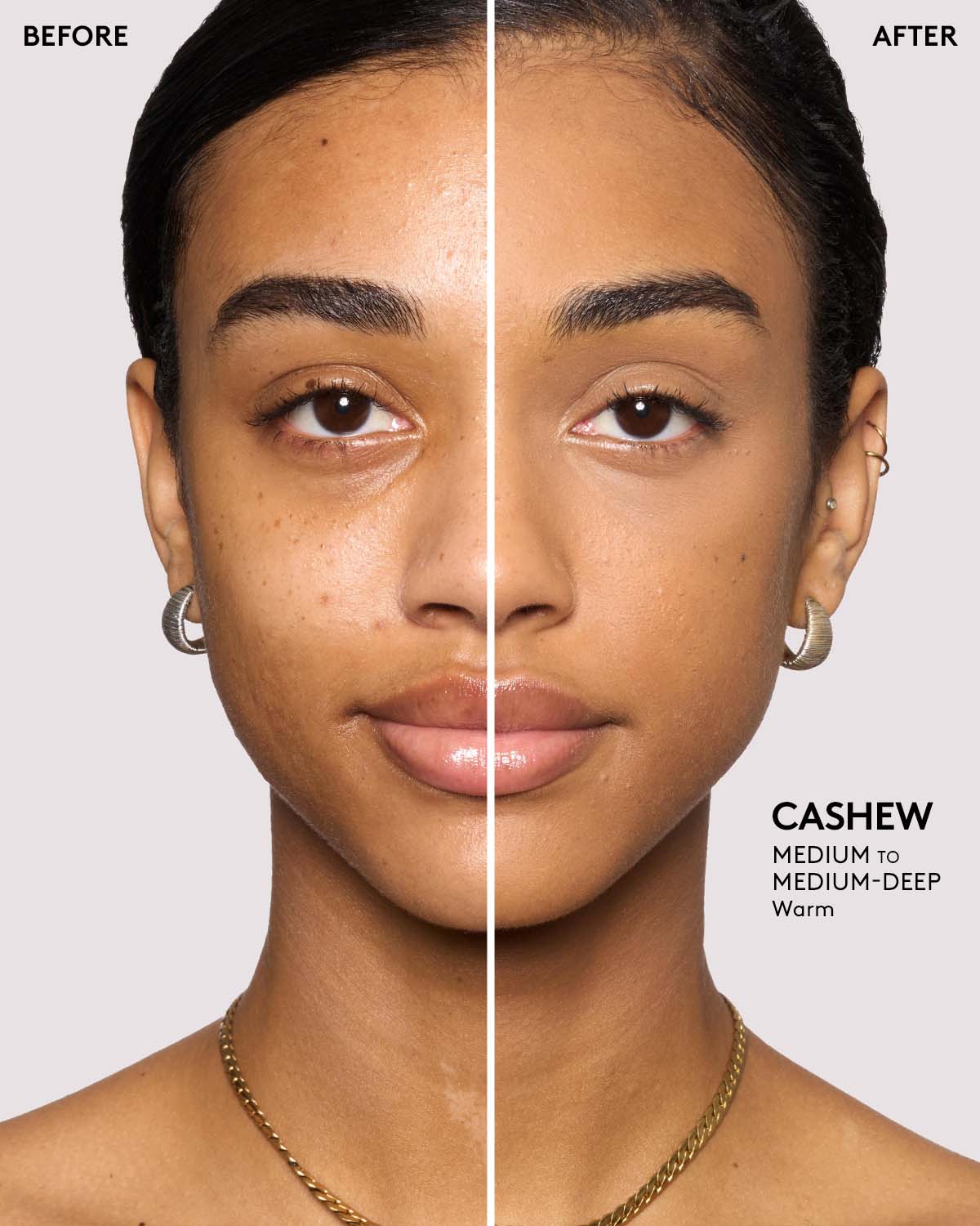 before and after of medium skin toned model wearing cashew pro filt'r setting powder