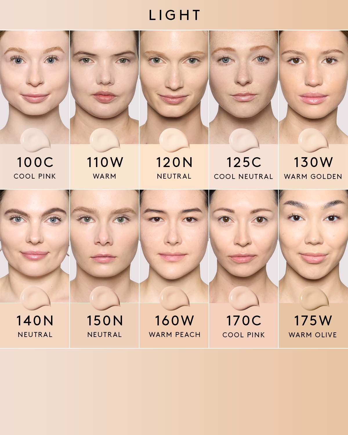 Fenty Beauty's We're Even Hydrating Longwear Foundation shade grid for light skin tones.