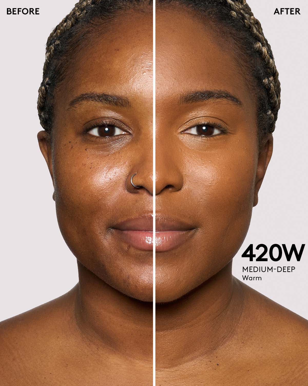 Before and after of medium - deep skin tone model.