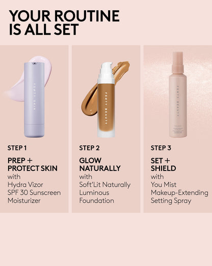 Your routine is all set. Step 1: Prep + Protect skin with Hydra Vizor SPF 30 Sunscreen Moisturizer. Step 2: Glow naturally with Soft'lit Naturally Luminous Foundation. Step 3: Set + Shield with You Mist Makeup-Extending Setting Spray.