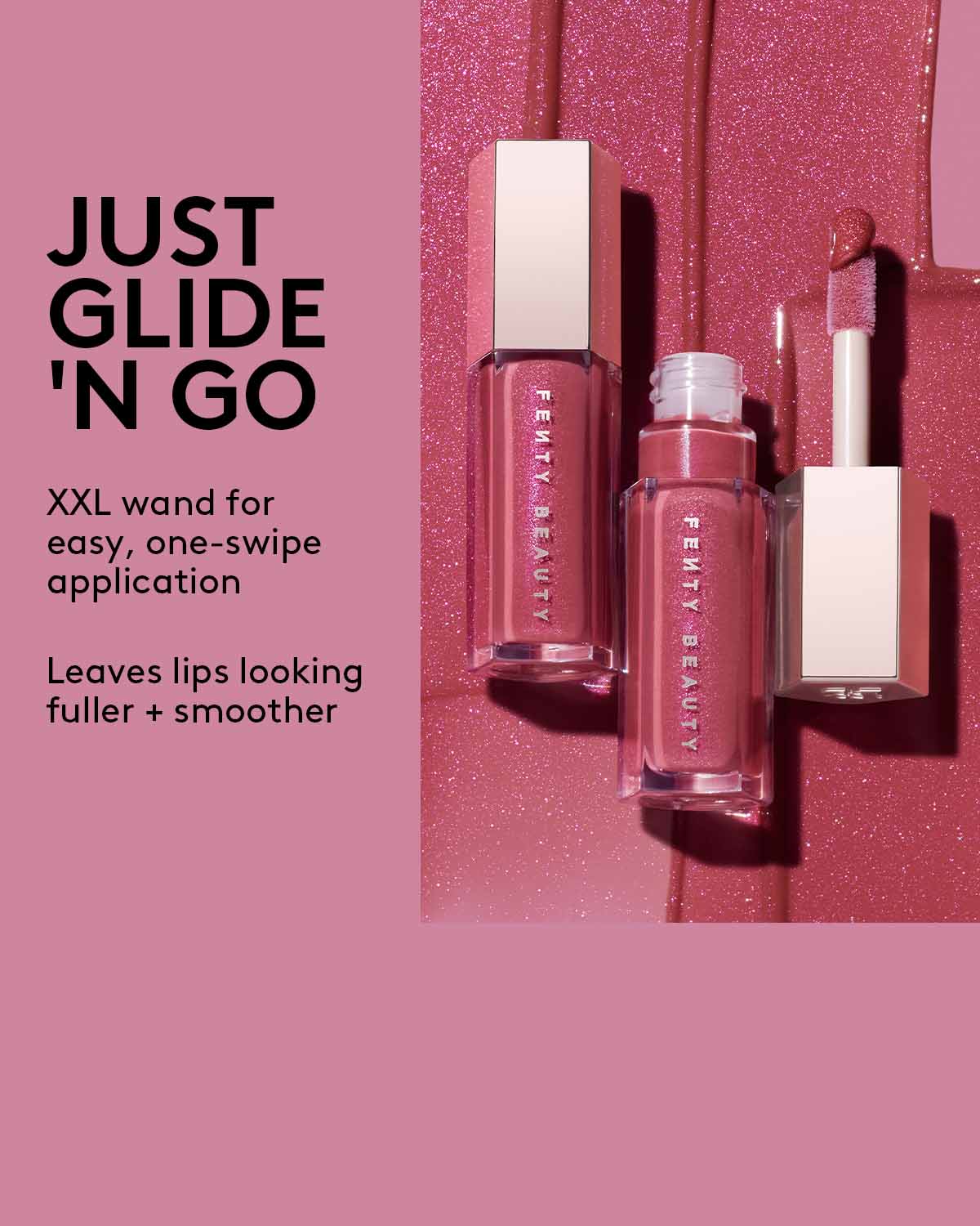 Gloss bomb products with text on a pink background