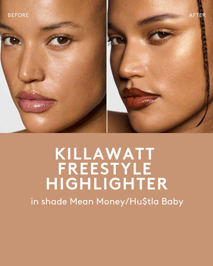 before and after of medium skin toned model wearing killawatt freestyle highlighter in shade mean money hu$tla baby