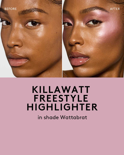 before and after of medium skin toned model wearing killawatt freestyle highlighter in shade wattabrat
