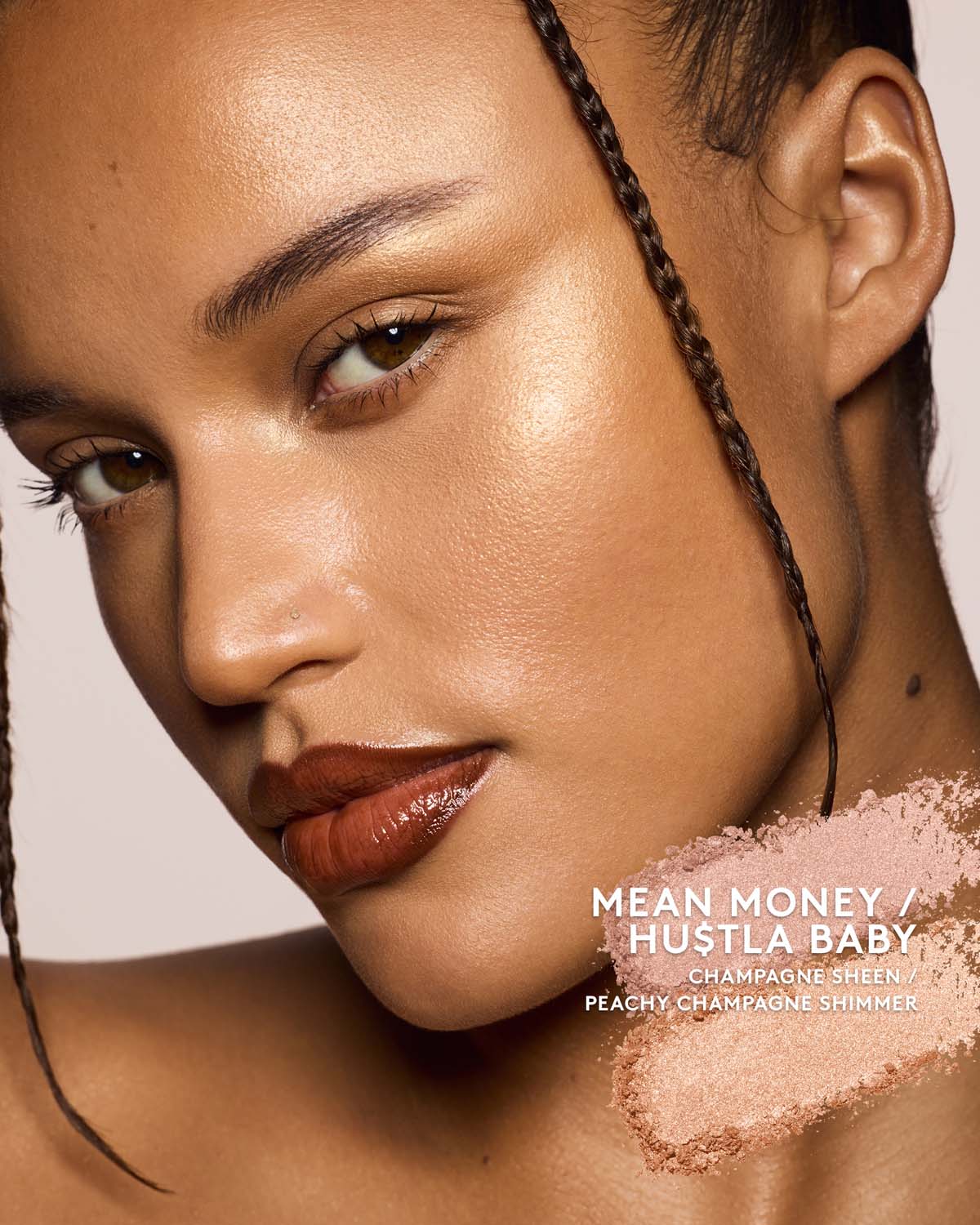 medium skin toned model wearing killawatt freestyle highlighter in shade mean money/hu$tla baby