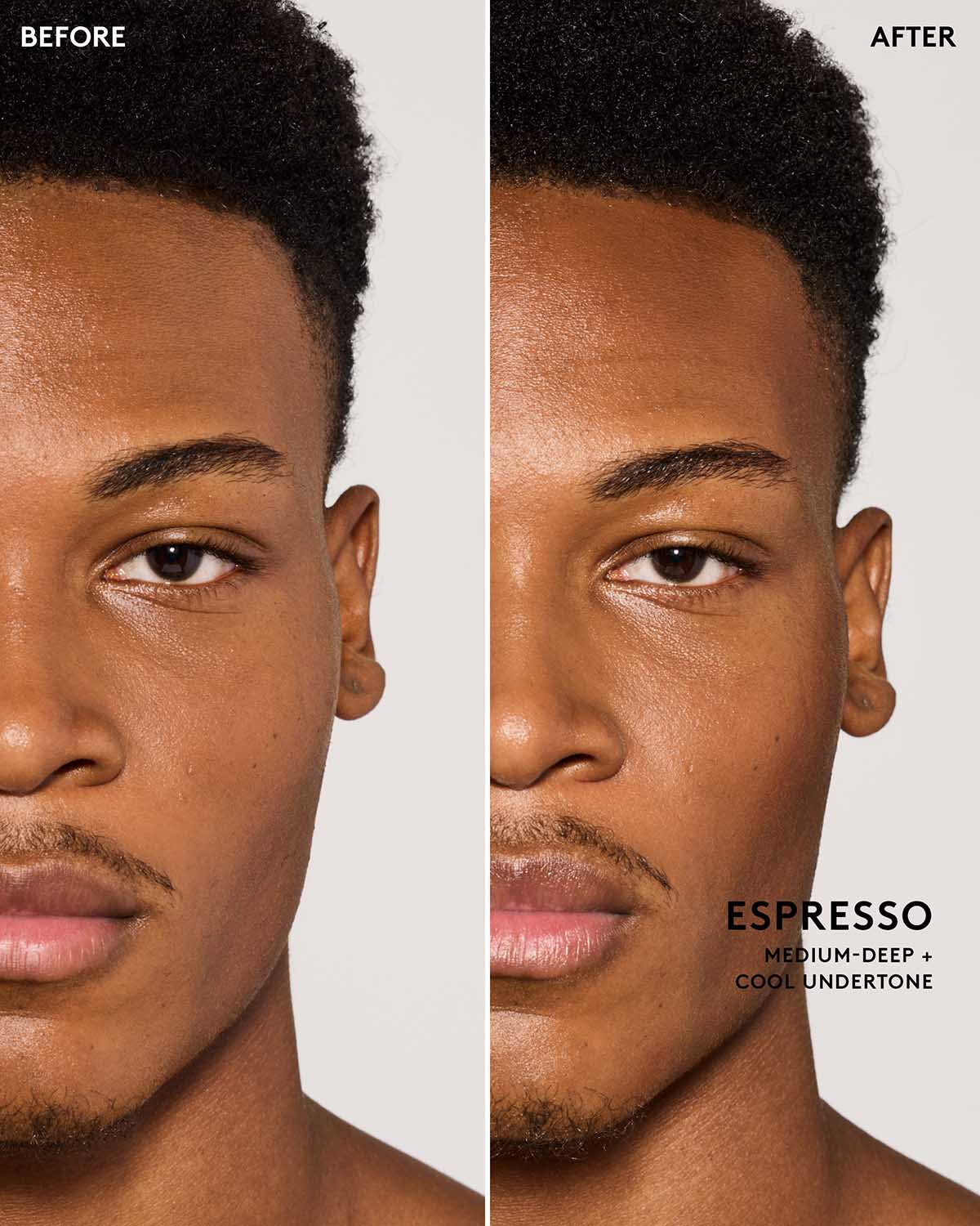 Before and after image of model wearing match stix contour in shade espresso.