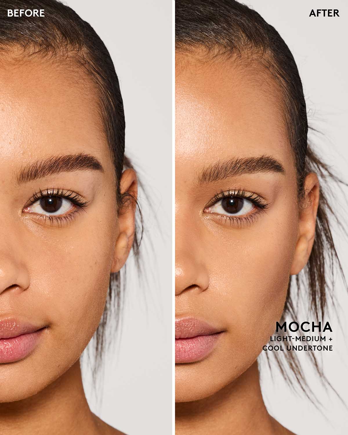 Before and after image of model wearing match stix contour in shade mocha.