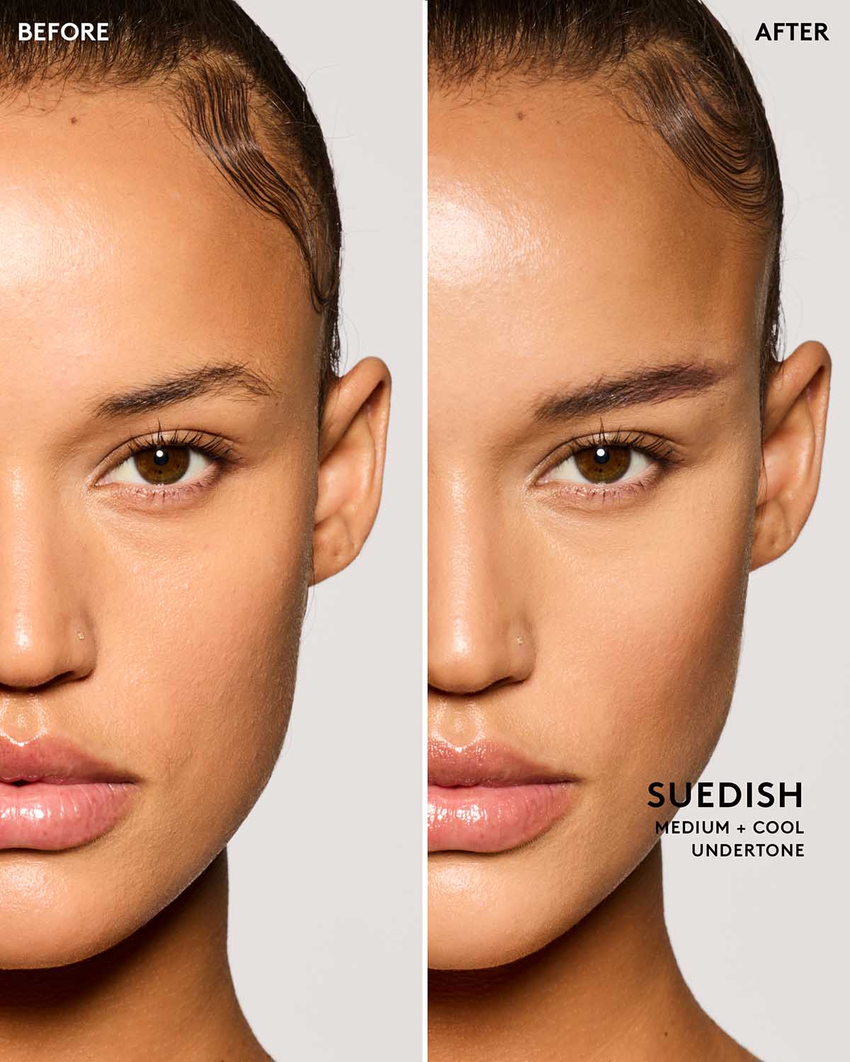 Before and after image of model wearing match stix contour in shade suedish.
