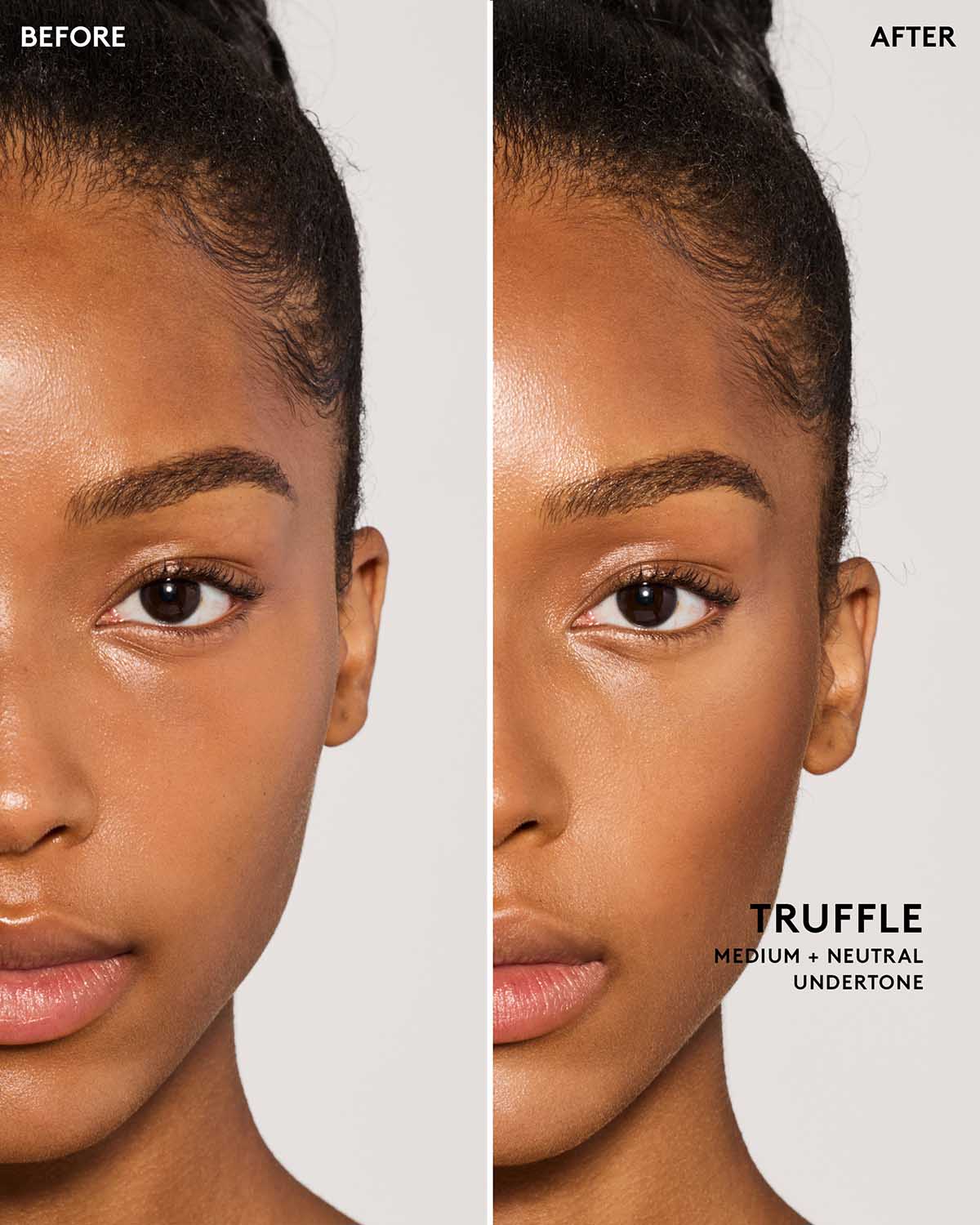 Before and after image of model wearing match stix contour in shade truffle.