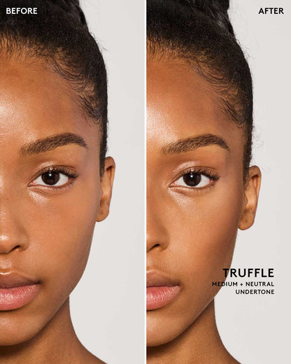 Before and after image of model wearing match stix contour in shade truffle.