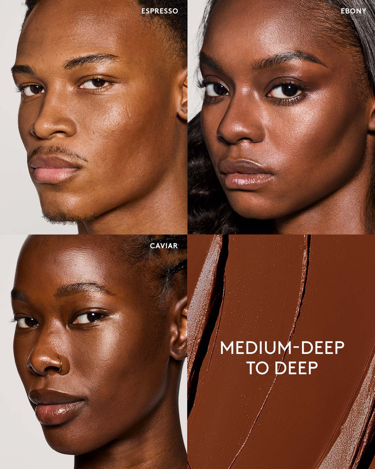 Medium-deep to deep skin tone model shade grid.