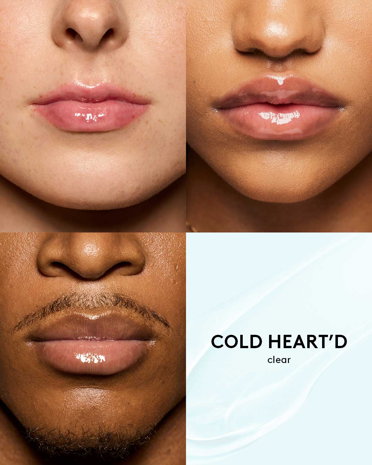 3 different skin toned models wearing gloss bomb ice cold heart'd