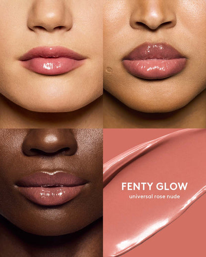 three different skin toned models wearing gloss bomb color drip lip cream in shade fenty glow