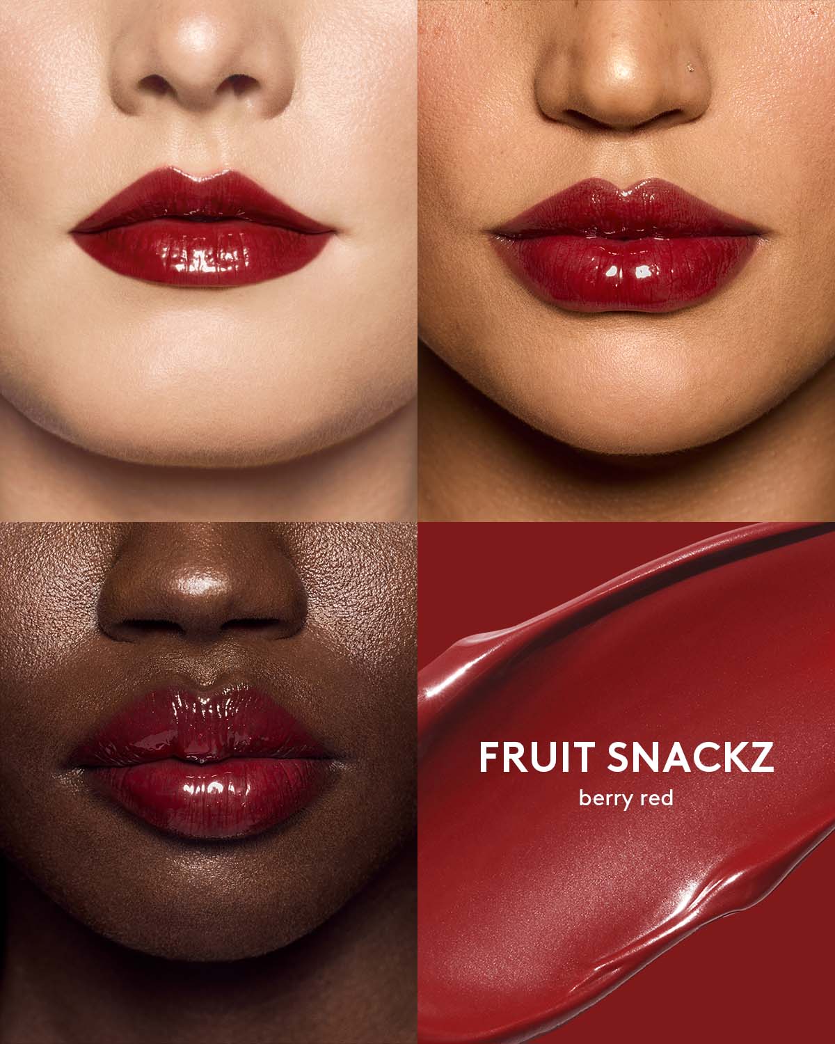three different skin toned models wearing gloss bomb color drip lip cream in shade fruit snackz